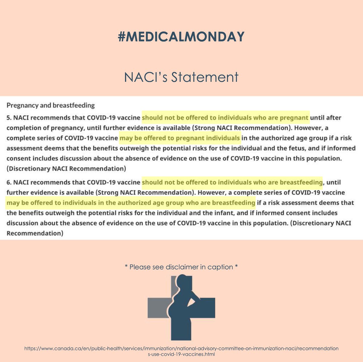 NACI: The COVID-19 vaccine should not be offered to pregnant/breastfeeding individuals until further evidence is available. However, if a risk assessment deems that the benefits outweigh potential risks it may be offered to pregnant and breastfeeding individuals.2/7