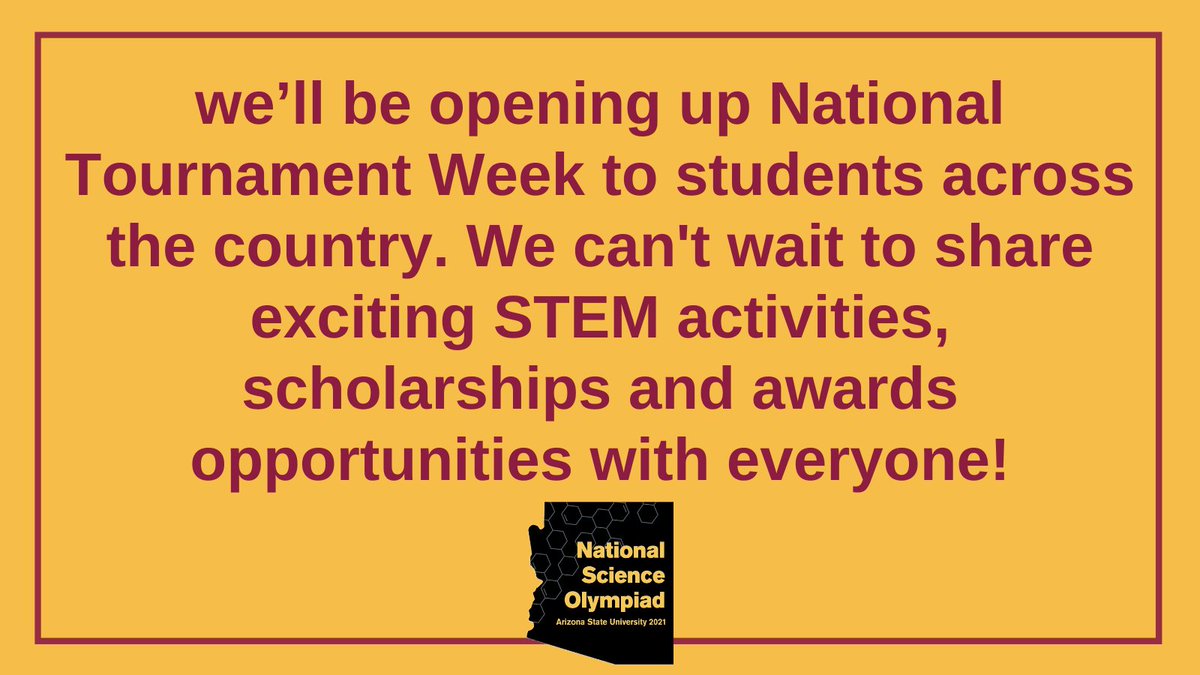 SOAlumniNetwork's tweet photo. We’re excited to co-announce with our partners at @ASU that the 2021 National Tournament is going virtual! 🤩See the full announcement here 🥇: https://t.co/mOSr1t9Oqw #NationalTournament2021 #SciOly2021Season #ASUInnovates https://t.co/wmJbIxayhC
