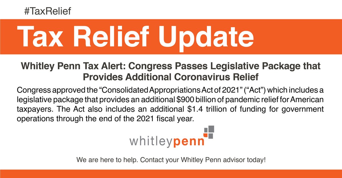 Congress approved the “Consolidated Appropriations Act of 2021” (“Act”) which includes a legislative package that provides an additional $900 billion of pandemic relief for American taxpayers. 

Click to read more: 
conta.cc/3mJBvp0