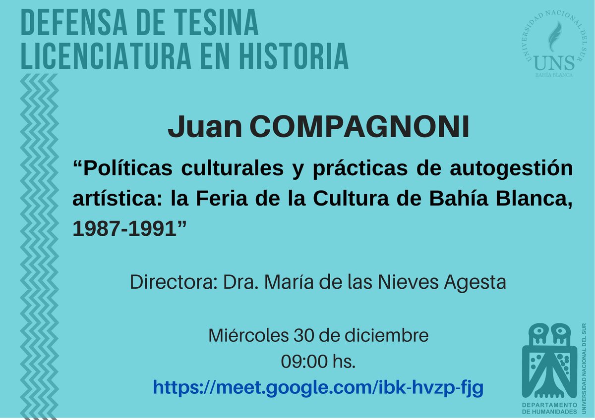 Juan Compagnoni, estudiante de la Licenciatura en Historia, realizará su defensa de tesina el miércoles 30 de diciembre, a las 9:00 hs., a través de meet.google.com/ibk-hvzp-fjg.