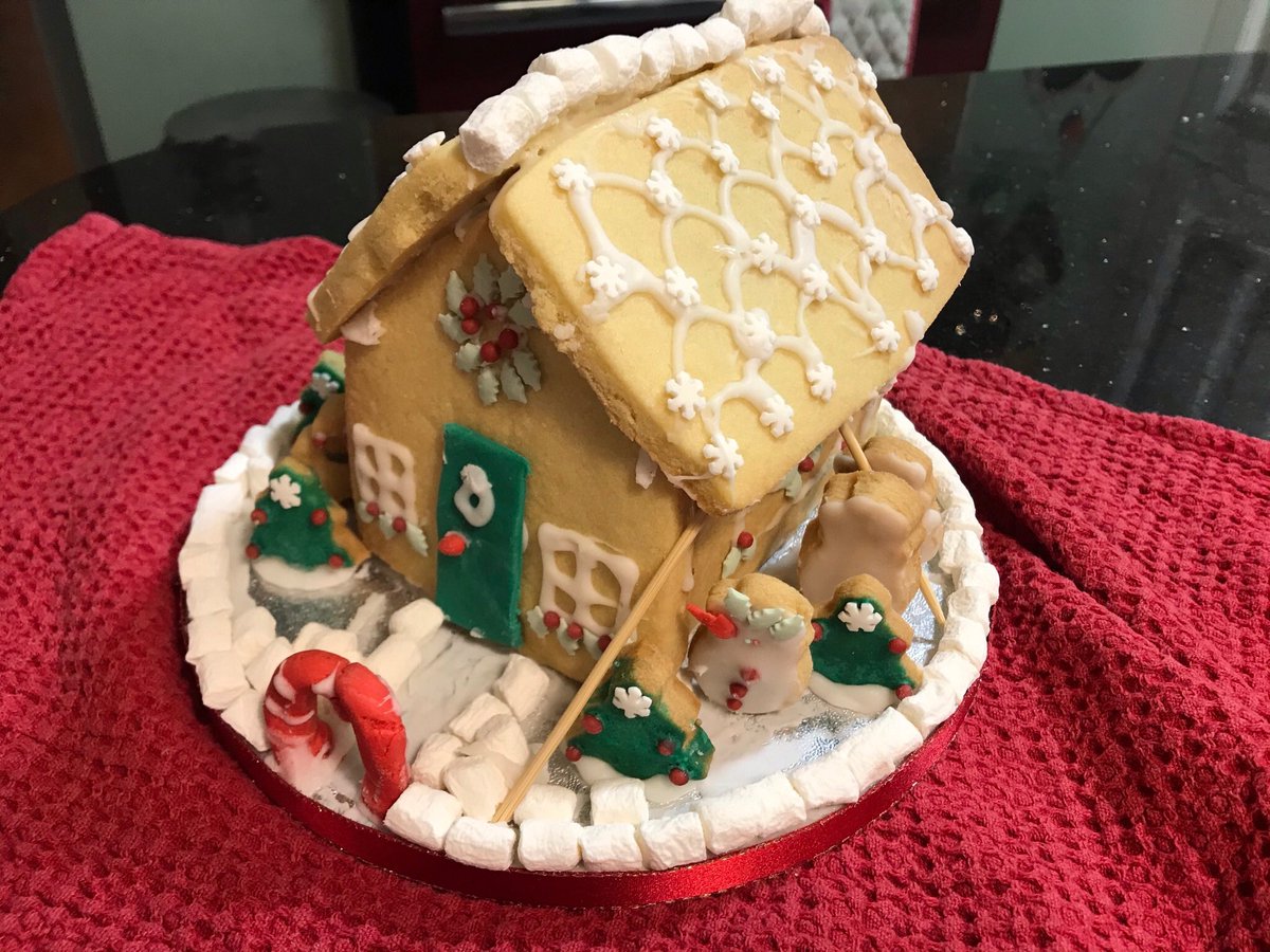 ClaraHavard's tweet photo. Our first attempt at a biscuit house! Don't want to eat it now! 🎄🎄🎄
#gingerbreadhouse
#Royalgingerbread https://t.co/V76kZz9fJB