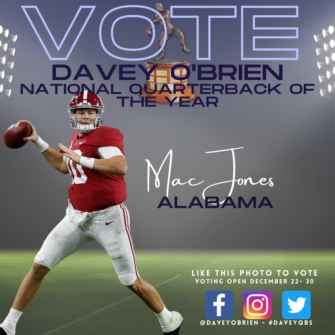 daveyobrien's tweet photo. .@UA_Athletics fans, MAC-imize Jones’ chance by voting! The 3 finalists will be ranked by likes on this original post on Twitter, Instagram &amp; Facebook and will receive bonus committee votes accordingly to help determine our National Quarterback Award winner! #DaveyQBs #RollTide https://t.co/Tl3WuLUOP4