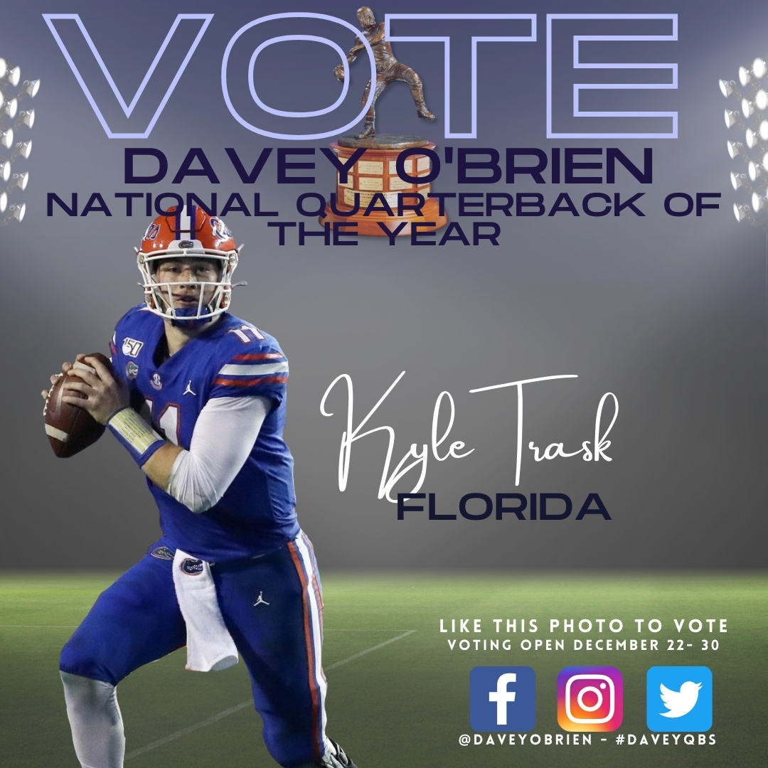 Davey O'Brien National Quarterback Award (@daveyobrien) on Twitter photo .<a href="/FloridaGators/">Florida Gators</a> fans, Kyle is Tr-asking for your vote! The 3 finalists will be ranked by likes on this original post on Twitter, Instagram & Facebook and will receive bonus committee votes accordingly to help determine our National Quarterback Award winner! #DaveyQBs #GoGators .<a href="/FloridaGators/">Florida Gators</a> fans, Kyle is Tr-asking for your vote! The 3 finalists will be ranked by likes on this original post on Twitter, Instagram & Facebook and will receive bonus committee votes accordingly to help determine our National Quarterback Award winner! #DaveyQBs #GoGators