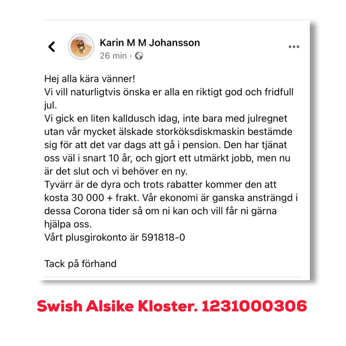 victoregerbo's tweet photo. Hej Twitter! Visst minns vi Syster Karin och Alsike Kloster? Vinnare av svenska hjältegalans hederspris, sommarpratare i P1, P3 dokumentär m.m. ❤️
De behöver akut en ny diskmaskin! Ska vi swisha en stooor gåva???
Swish - 1231000306 ❤️ https://t.co/99GX5Cvktw