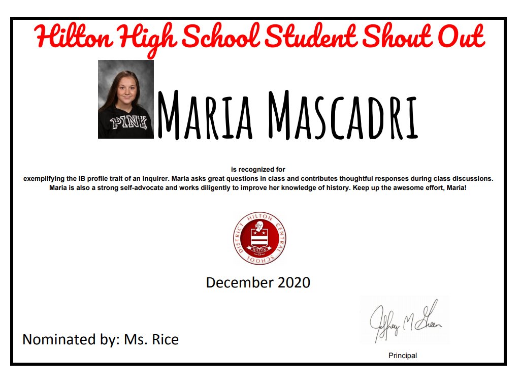 DrJeffreyMGreen's tweet photo. Shout out to @HiltonCSD junior Maria Mascadri for being nominated as a student of the month. Keep up the great work! https://t.co/l1draV8Q00