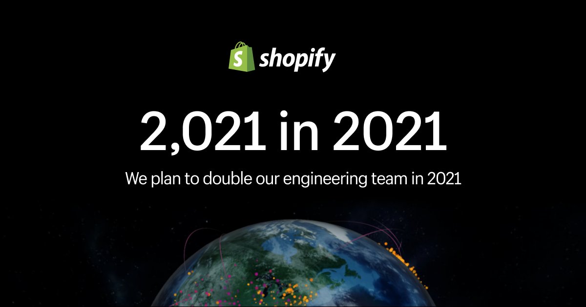 We're planning to DOUBLE our engineering team in 2021 by hiring 2,021 new technical roles (see what we did there?). Our platform handled record-breaking sales over BFCM and commerce isn't slowing down. Help us scale &amp; make commerce better for everyone 🌏
shopify.com/careers/2021?u…