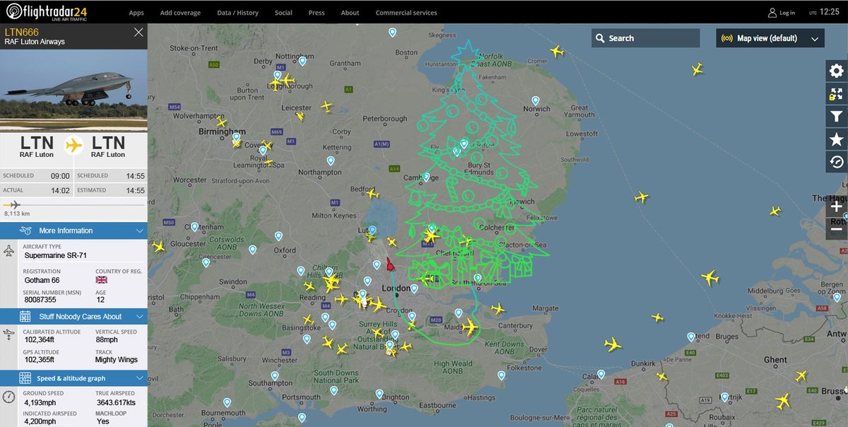 BREAKING: Sqn Ldr Nicholas Kringle used his Stealth Bomber to draw a giant Xmas tree over the UK this afternoon before returning to #RAFLuton for tea &amp; medals! #AvGeek