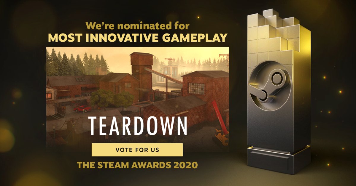 voxagonlabs's tweet image. We're very humbled to be nominated to the Steam Awards for Most Innovative Gameplay. Figuring out gameplay for Teardown was a long, rewarding and partly frustrating journey. If you think it turned out as great as we do ourselves, we appreciate your vote! store.steampowered.com/SteamAwards#Mo…