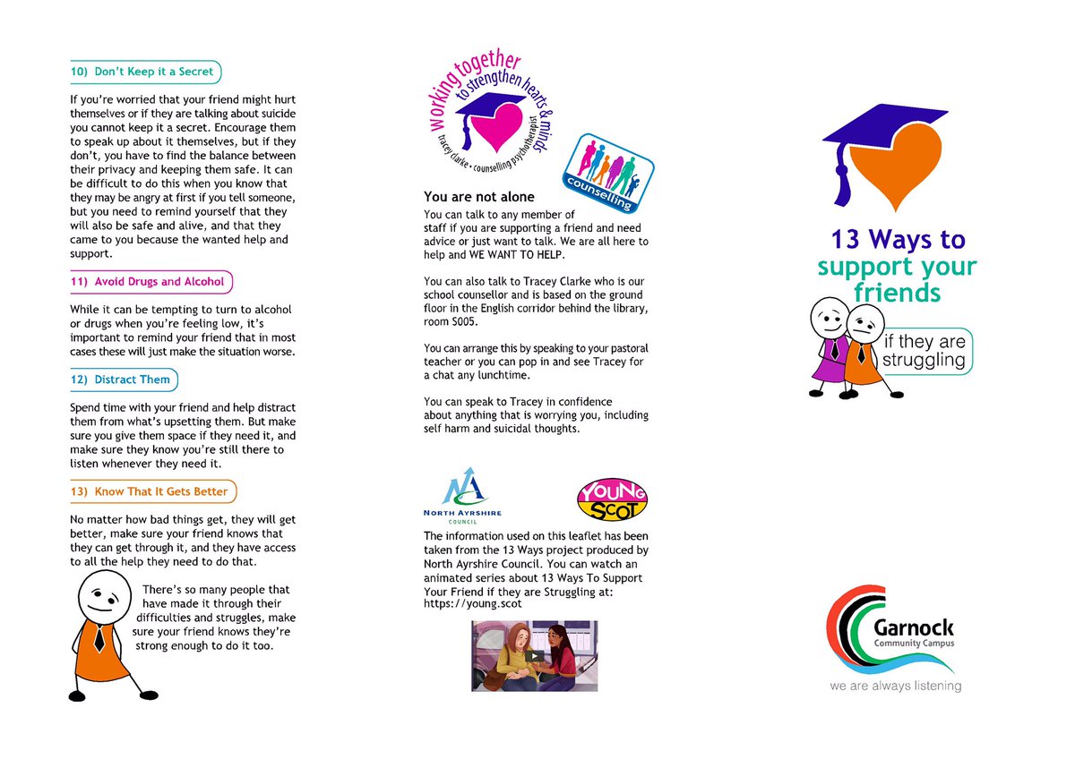 GarnockMH's tweet photo. Here is our leaflet with tips for young people supporting friends who are struggling with feeling sad or having negative thoughts. This information was developed by https://t.co/Ersg3DP8pZ and can be viewed at @YoungScot #ChooseLife #thiswillpass #talkinghelps https://t.co/f9qmNUt788