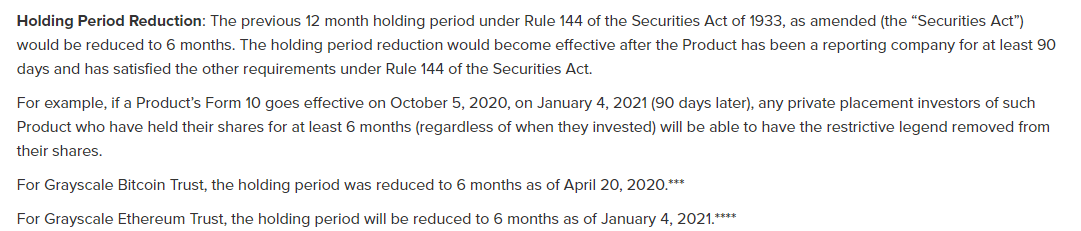 The reason 116mln shares are hitting OTC is because  $ETHE has become an form10 SEC reporting company. Prior to this there was a 12 month lockup/'seasoning' period to sell shares. Its changing to 6. All shares older than 6 but younger than 12 months become trade eligible on jan 4.
