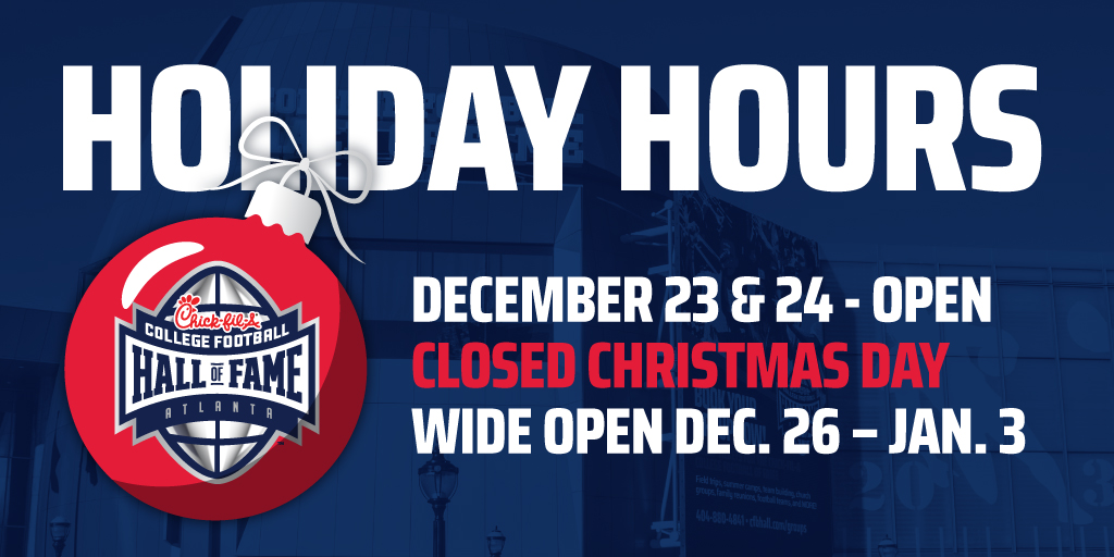 College Football Hall of Fame (@cfbhall) on Twitter photo We are adjusting our hours this holiday season! Fans can safely visit <a href="/cfbhall/">College Football Hall of Fame</a> and we are taking all precautions to ensure your safety throughout the experience. #ATL #thingstodo
Health & Safety Guidelines: cfbhall.com/about/health-a…
Purchase Tickets Here: cfbhall.com/tickets/ We are adjusting our hours this holiday season! Fans can safely visit <a href="/cfbhall/">College Football Hall of Fame</a> and we are taking all precautions to ensure your safety throughout the experience. #ATL #thingstodo
Health & Safety Guidelines: cfbhall.com/about/health-a…
Purchase Tickets Here: cfbhall.com/tickets/