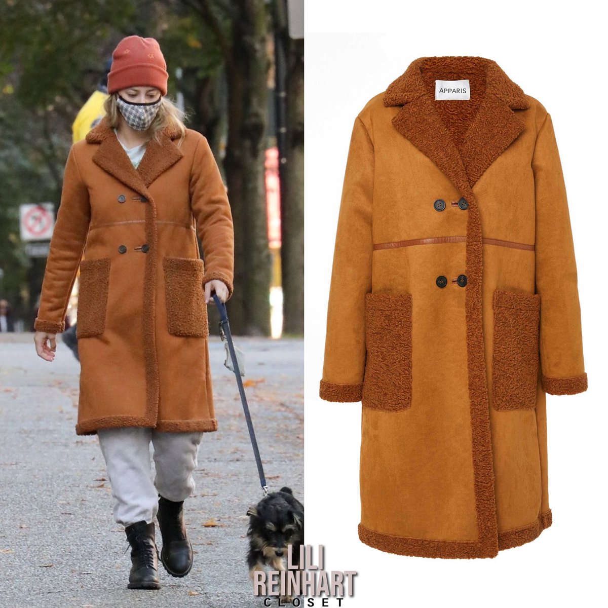 lilircloset's tweet photo. Lili Reinhart wore the #APParis ‘Clothilde Faux Shearling Coat’ (Sold Out) while out walking Milo in Vancouver - October 26th, 2020. https://t.co/vxn3DT3UIB
