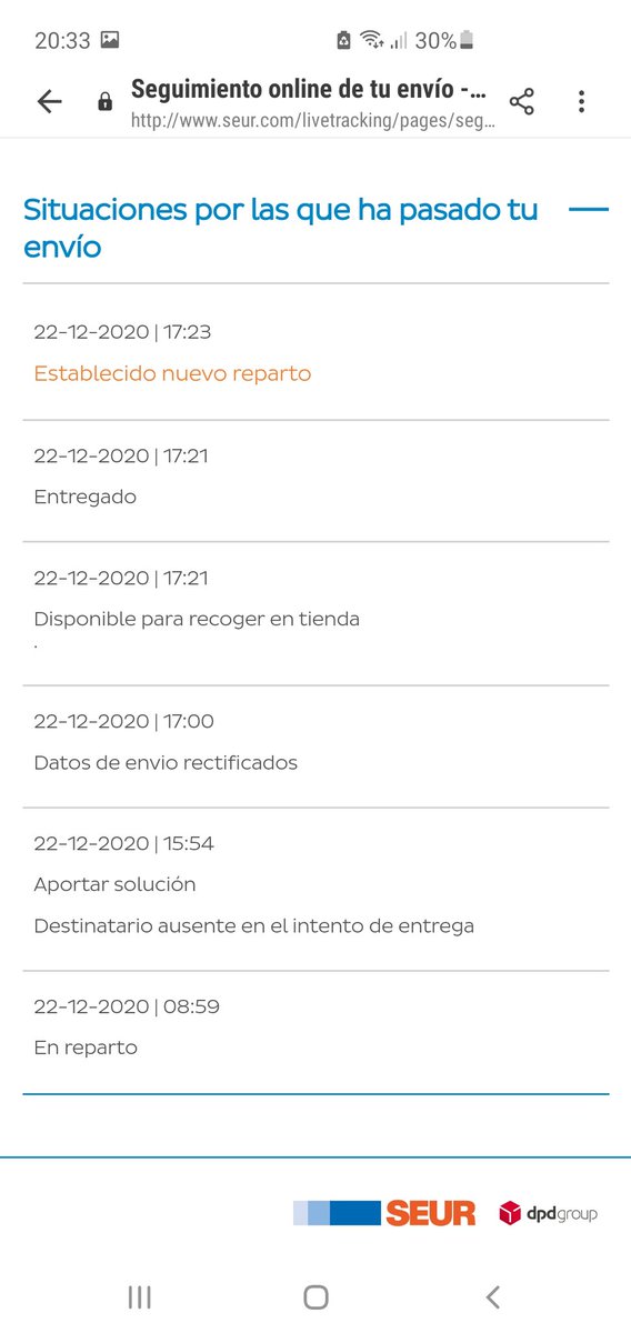 Una vez mas en casita y poneis ausente  no se os cae la cara de vergüenza? Claro, la tienda donde me lo dejais, porque nunca vais a casa, estaba cerrada.<a href="/SEUR_responde/">@SEUR_responde</a> me explicas todos estos estados? Gracias