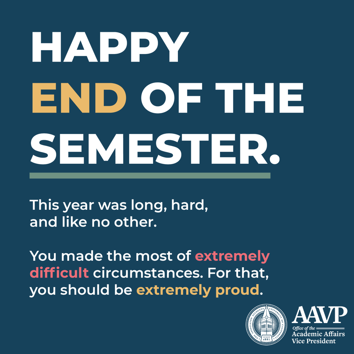 ASUCAAVP's tweet photo. As we close the book on fall 2020, make sure to give yourself a pat on the back for surviving an insanely difficult semester. And remember, YOU ARE AMAZING. Your grades DO NOT define you. https://t.co/Rw8cj7y4w8