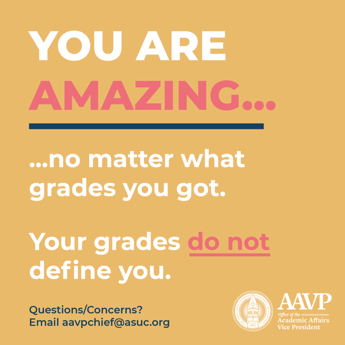 ASUCAAVP's tweet photo. As we close the book on fall 2020, make sure to give yourself a pat on the back for surviving an insanely difficult semester. And remember, YOU ARE AMAZING. Your grades DO NOT define you. https://t.co/Rw8cj7y4w8
