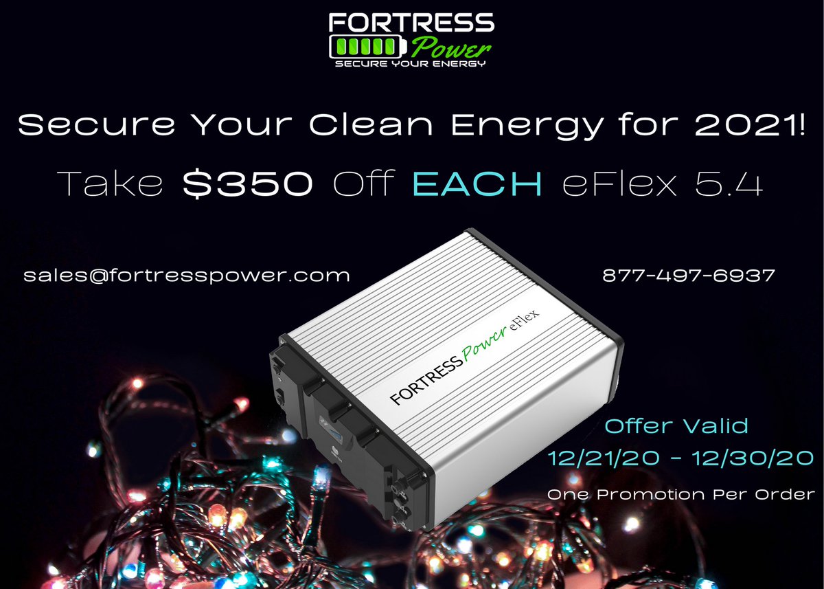 fortress_power's tweet image. Fortress Power Holiday Special is Here! Take $350 OFF EACH eFlex 5.4 Lithium Iron Phosphate Battery Now through 12/30/2020! Contact your Authorized Dealer Today &amp;amp; take advantage of this great deal!  fortresspower.com/where-to-buy/
#solarstoragesolutions #solarstorage #greenenergy #solar