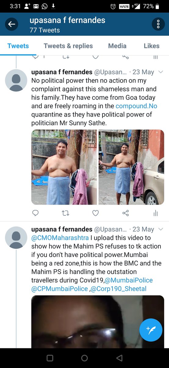 Upasana F Fernandes This Man Has Misbehaved With My Daughter By Standing In A Towel And Giving Bad Words The Night Pi Is Saying That He Is Helpless And Cannot Do