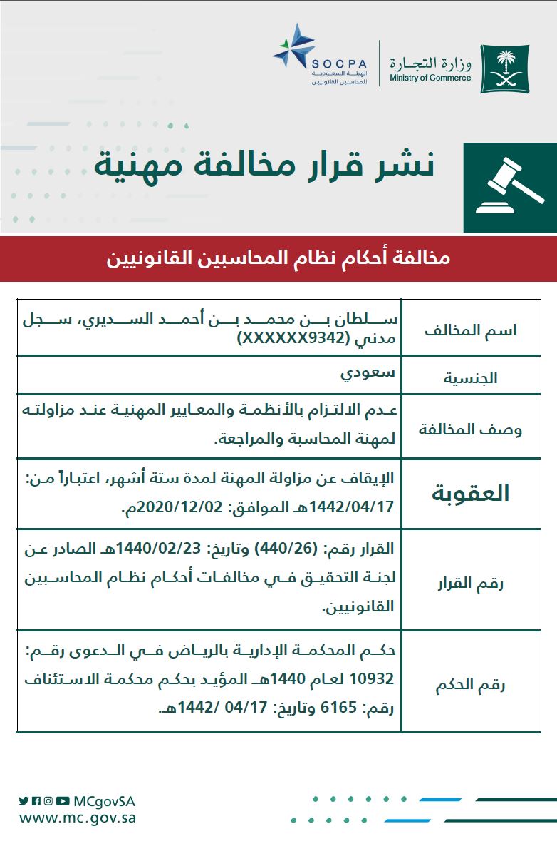 "التجارة" تنشر قرار #مخالفة_مهنية لأحكام نظام المحاسبين القانونيين.