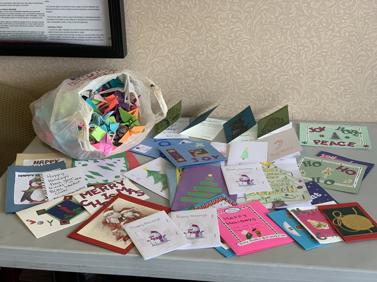 BCHSmagistra's tweet photo. Just dropped off @BCHSInterAct1 club’s 100s of handmade holiday cards & origami cranes for residents at The Pines. Shout out to Mia Giantonio who personally made 100 cards! Happy holidays to all 🎄 @BCHSprincipal @MrBroderickBCHS #BCHSInterAct #ServiceAboveSelf @BristolRotary https://t.co/6sqhqkzMyS