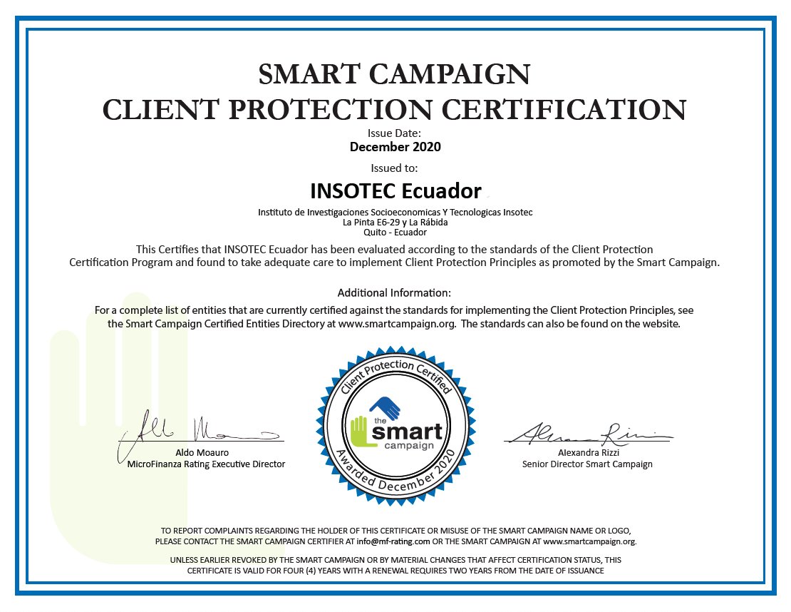 INSOTEC #Ecuador has earned #SmartCertification. Congratulations! #ClientProtection <a href="/INSOTTEC/">INSOTEC</a> <a href="/MicroFinRating/">MFR</a>