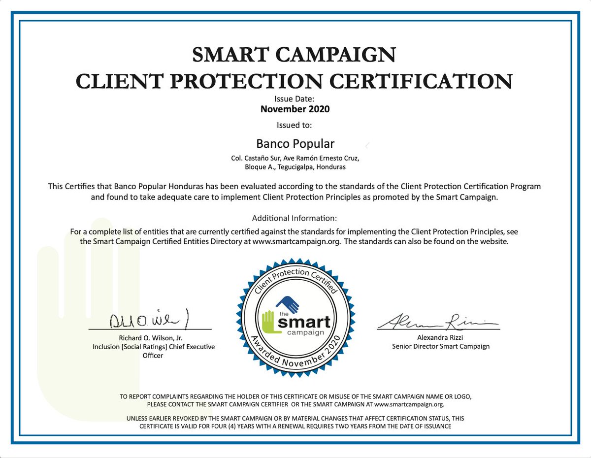 Congratulations to Banco Popular #Honduras on their recertification! #SmartCertification #ClientProtection <a href="/bcopopularhn/">Banco Popular</a> <a href="/InclusionSR/">Inclusion [SR]</a>