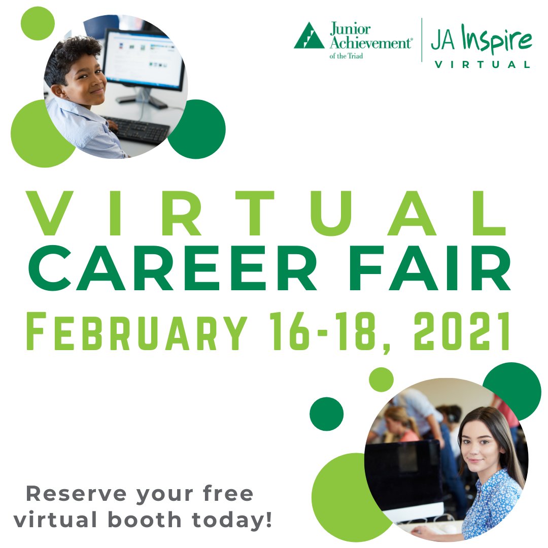 The JA Inspire Virtual Career Fair offers students the opportunity to learn about the diverse career opportunities in the Triad.  Sign up by contacting Brandy Plouff, Director of Impact at Brandy@triadja.org #JAInspireVirtual #TriadJA