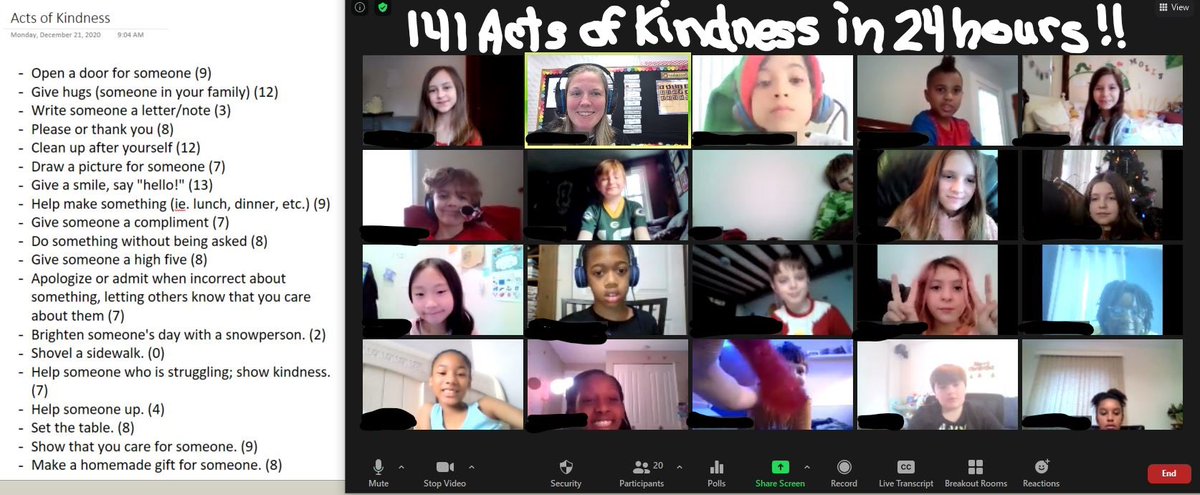 Rogers 4th grade remote students were excited to take on the kindness challenge! They came up with a list of FREE random acts of kindness and in 24 hours we celebrated 141 acts of kindness and felt “the spirit of giving!” #WIF_Challenge <a href="/ChrissyMiga_WI/">Chrissy Miga</a> <a href="/kfinter/">Karen Finter</a> <a href="/MFlood270/">Michelle Flood</a>