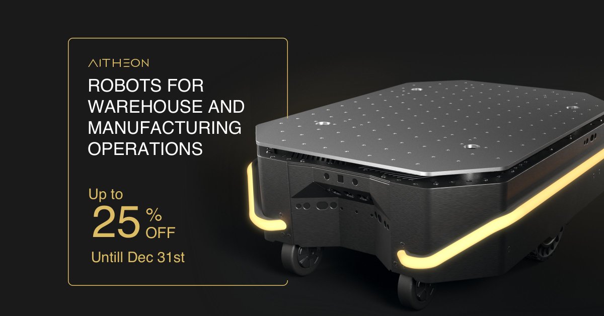 Aitheon Warehousing and Manufacturing Robots Year End Sale: up to 25% off for orders made till Dec 31st, 2020. Get in touch with us at contact@aitheon.com for the biggest discount of the year! 🎉

#manufacturing #automation #retail #ecommerce #delivery #robots #smartwarehousing