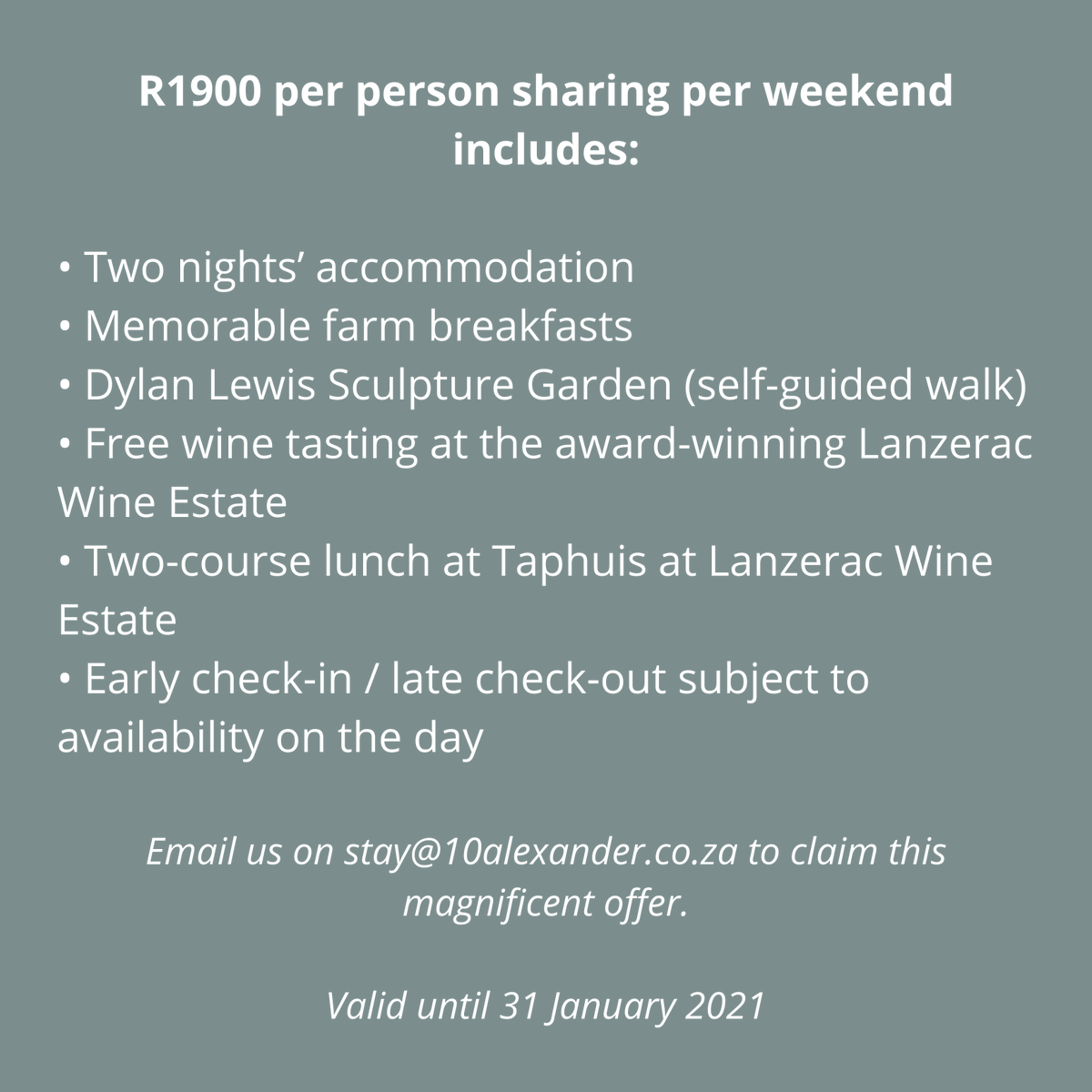 Did you know? You can experience Stellenbosch without breaking the bank? 

Our Stay and play in Stellenbosch package is going for only R1900 per person sharing.