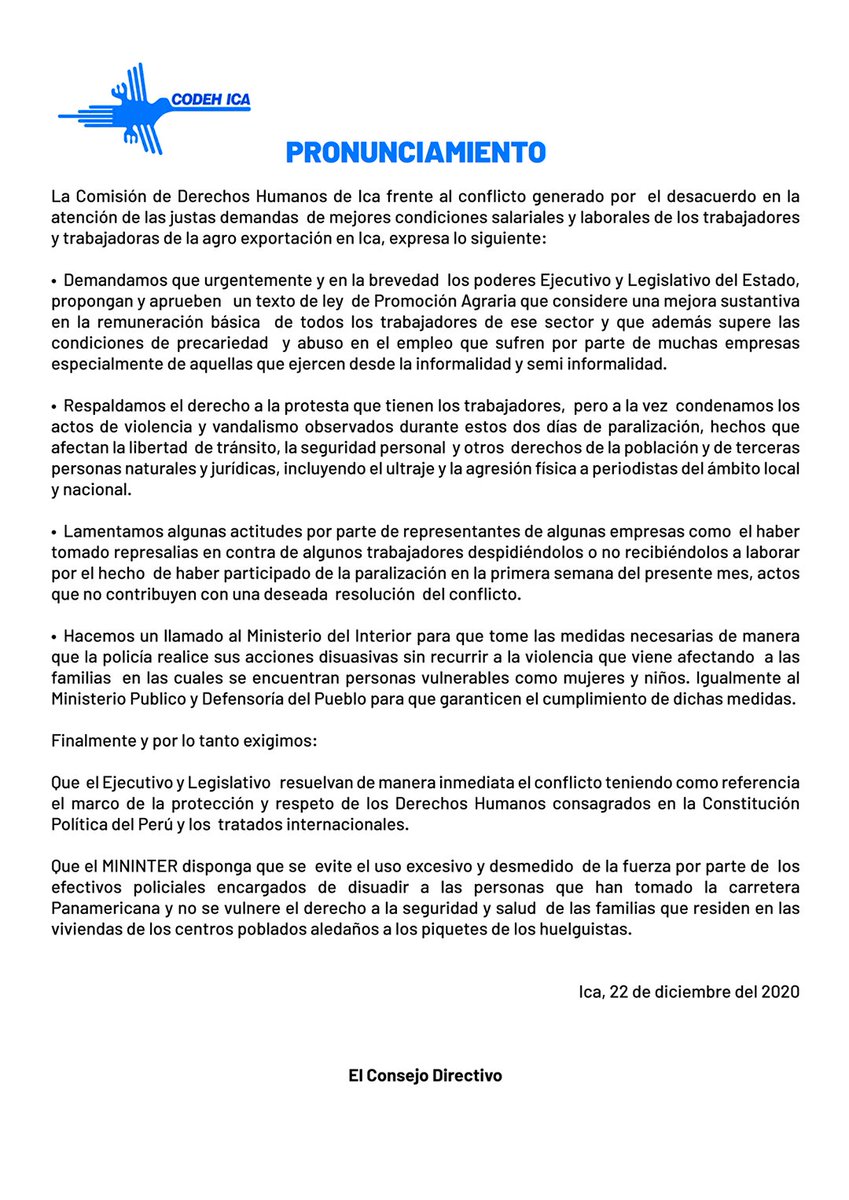 jfowks's tweet photo. Comisión de Derechos Humanos de Ica @CODEHICA pide a @MininterPeru disponer que @PoliciaPeru cese la violencia en viviendas cercanas a los piquetes de trabajadores en #ParoAgrario porque ya afectó a personas vulnerables https://t.co/8BXXVuC4Pr