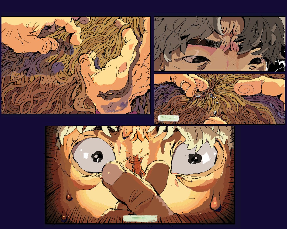 An ms paint comic I started last year when my tablet broke. @uncooliocat 's oc , who canonically has lice . 