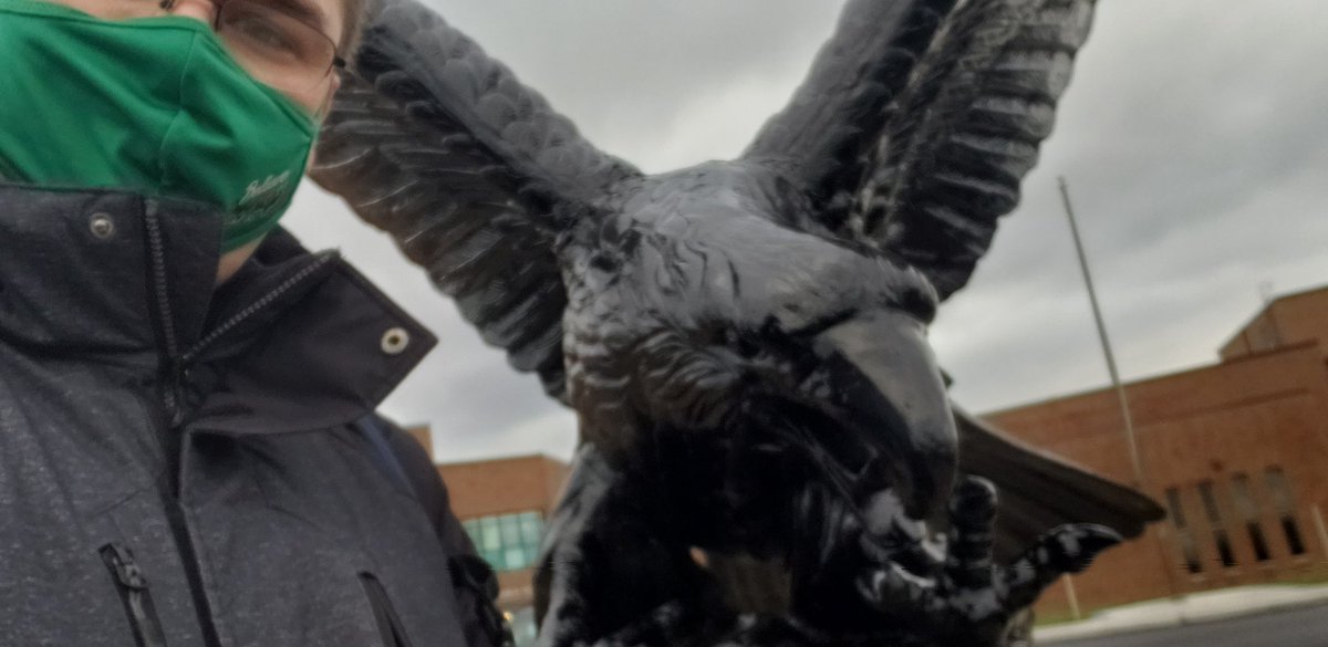 The Eagle has landed, back in front of @LakeShore_MS where it belongs. With my room being above the front door (you can see my window next to my left arm), I get to see it every day.