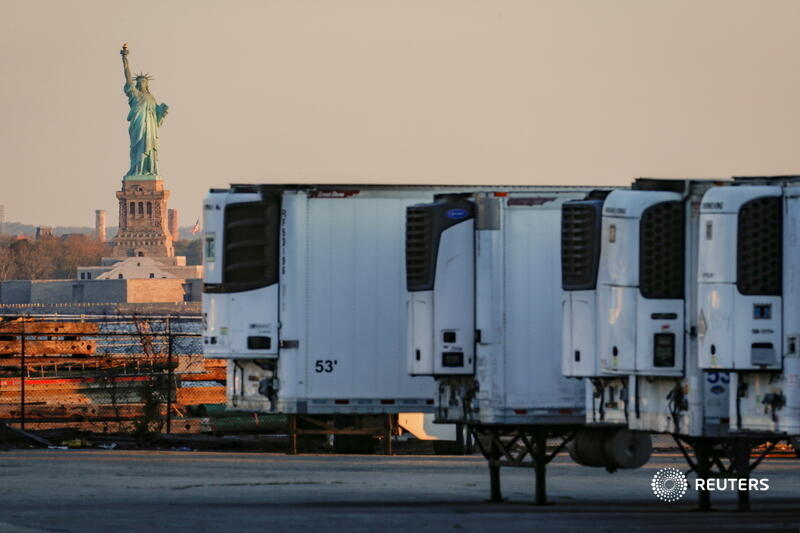 Refrigerated, and sometimes not refrigerated, makeshift morgues were documented outside hospitals and funeral homes across New York.Photos by  @Lucas_Jackson_ and Brendan McDermid