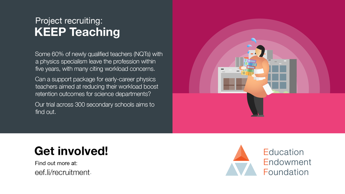 rs_network's tweet photo. Can reducing workload for newly qualified physics teachers support retention? 

NEW @EducEndowFoundn trial now recruiting Physics trainees and secondary schools. 

Find out more: https://t.co/4TtyAkDybu https://t.co/BF0bR7ub9y