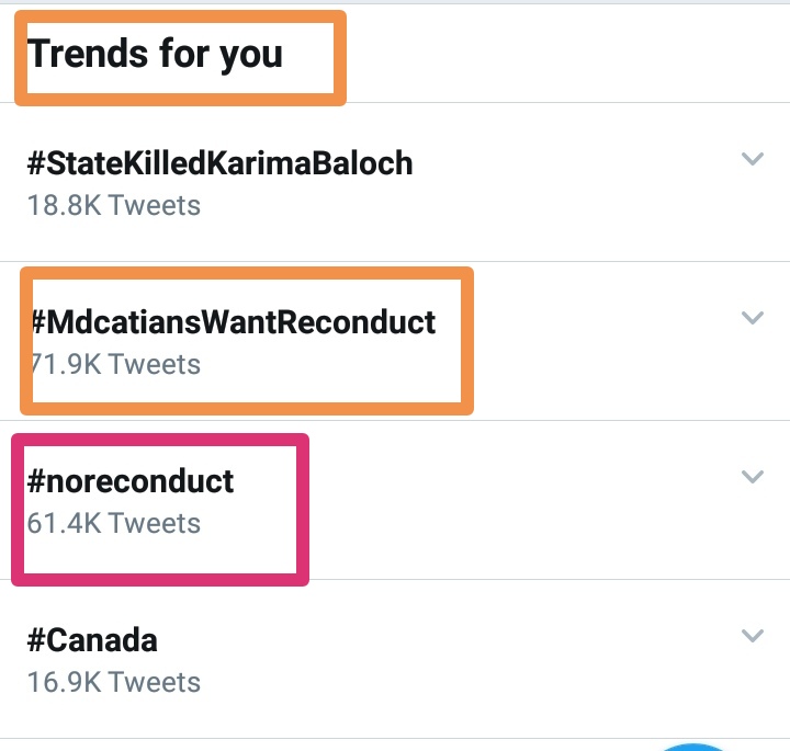 Basimjaved47's tweet photo. Twitter implies an intelligent algorithm to determine which hashtag goes trending. No reconduct is not in National trending list because its more or less a spam #MdcatiansWantReconduct is in both lists because it is a genuine trend with more number of people not just more tweets https://t.co/qq9gVrC3mx