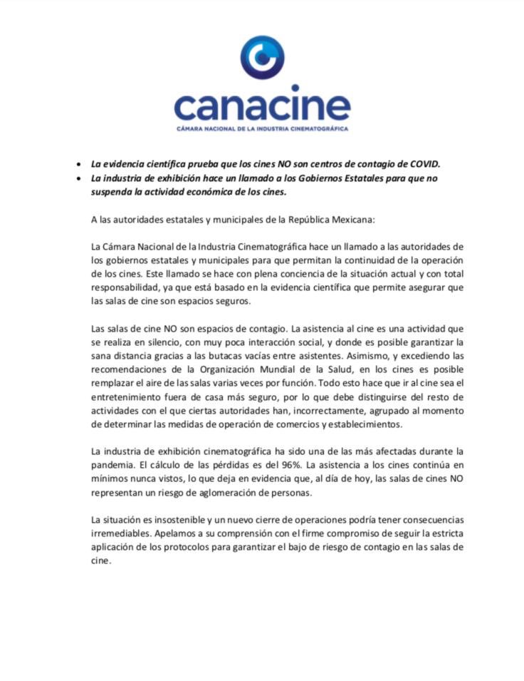 #Canacine hace un llamado a las autoridades de los gobiernos estatales y municipales para que los cines continúen en operación.
