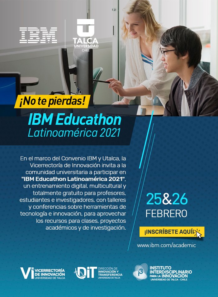 Invitamos a profesores, estudiantes, investigadores y emprendedores universitarios a participar en "IBM Educathón Latinoamérica 2021" un evento de aprendizaje con herramientas <a href="/IBM/">IBM</a> para ciencia de datos, inteligencia artificial #ciberseguridad 👩🏽‍💻Inscríbete ibm.biz/Educathonlatin…