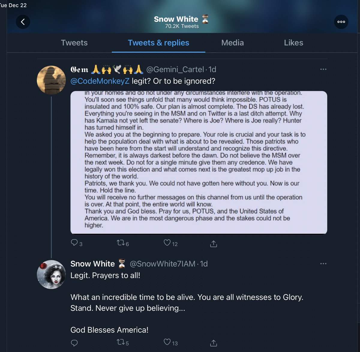 Why do I assert that QAnon is dead? Well, I’ve written several articles and several thousand tweets about that but don’t believe me, believe SNOW WHITE.I started  #RIPQ on Nov 3 btw. 