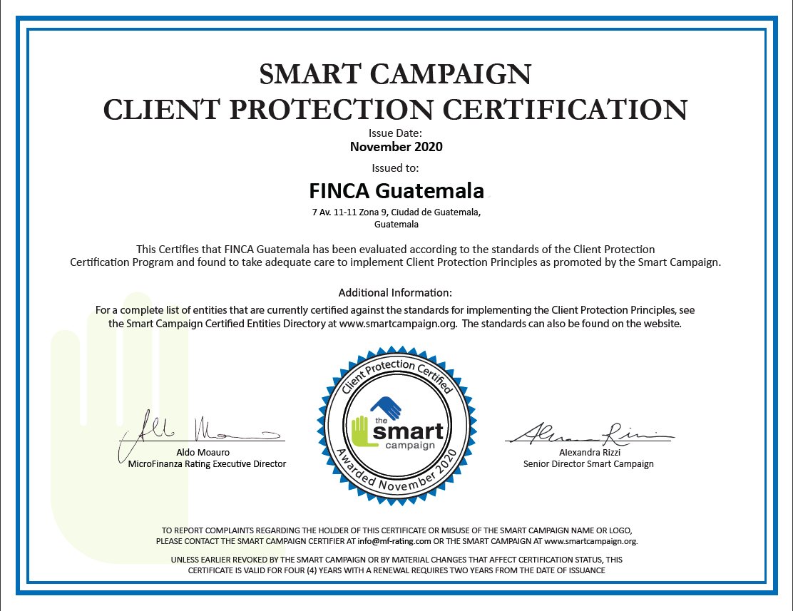 A big congratulations to FINCA #Guatemala on their #SmartCertification #ClientProtection <a href="/FINCAImpact/">FINCAImpact Finance</a>  <a href="/MicroFinRating/">MFR</a>