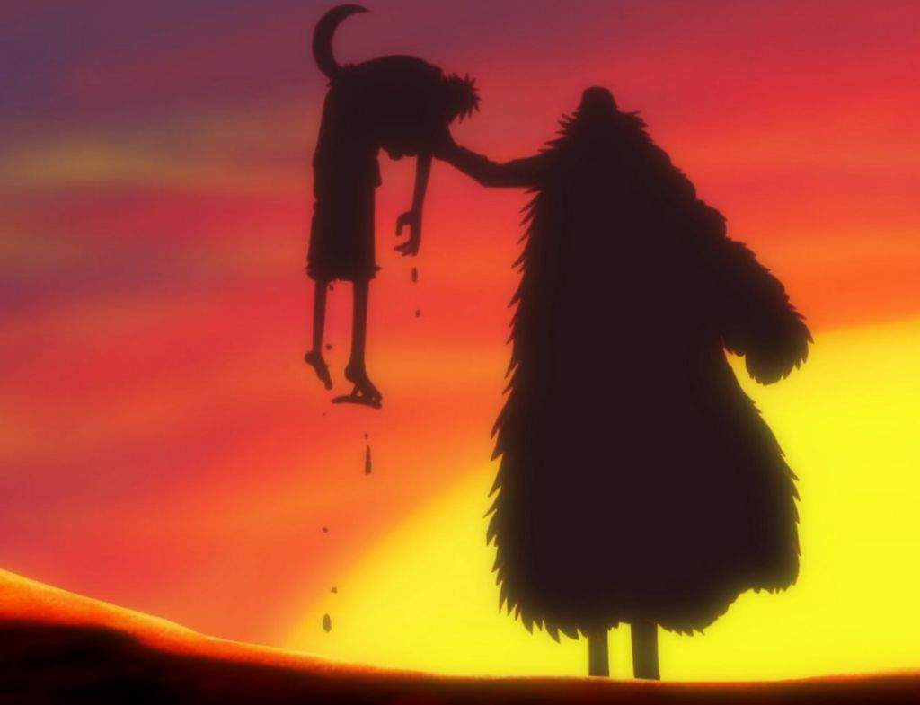 (27/35) body. It is only when Crocodile impales Luffy on his hook that Luffy, half dead, realizes the secret: Crocodile is vulnerable to attack when his body becomes drenched in water, in this case specifically, the water that old man Toto had dug up out of the barren ground...