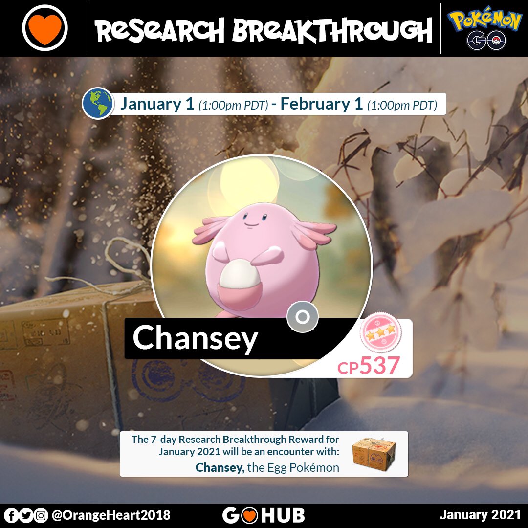 OrangeHeart2018's tweet photo. Research breakthrough reward for January 2021 is CHANSEY!🤗🧡 #pokemon #pokemongo #pokemontrainer #gottacatchemall #teamvalor #teammystic #teaminstinct #researchrewards #pokemongoresearch #chansey #niantic #nintendo https://t.co/1j1xkIwThg