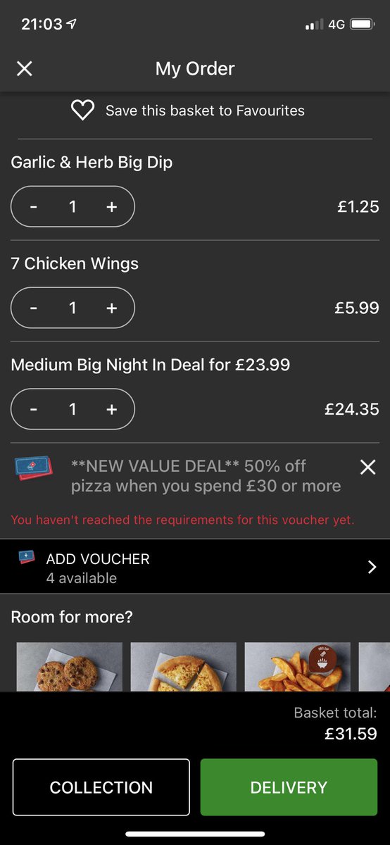 shortarse1980's tweet photo. @Dominos_UK is there something up with this voucher? Says get 50% off when you spend over £30, but doesn’t seem to be doing it. 🤔 https://t.co/gVjLuNumyM