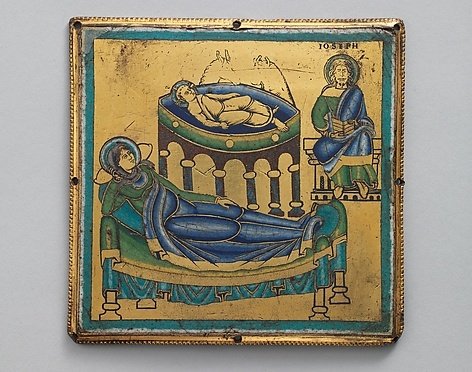 A 12th-century champlevé enamel plaque featuring the Nativity, made in the Meuse Valley, the Netherlands, in c.1165:  https://www.metmuseum.org/art/collection/search/464405