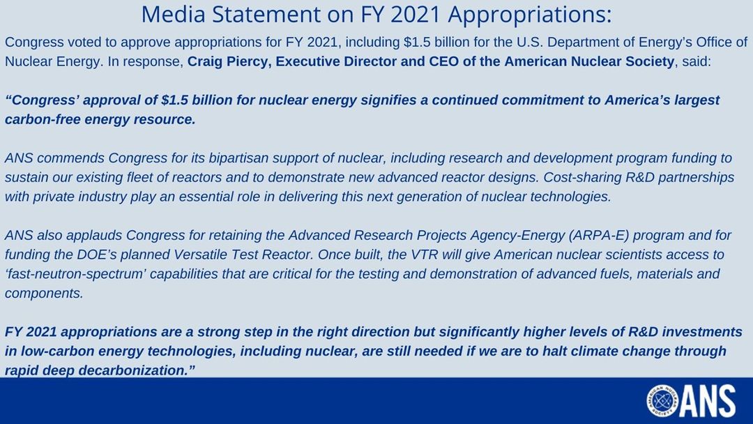 Exciting news for nuclear research in the US! The $1.5 billion includes more than $230 million for a new Advanced Reactors Demonstration Program and funding for fusion programs.

Statement from ANS here: ans.org/news/article-2…

Summary of funding: fas.org/sgp/crs/misc/R…