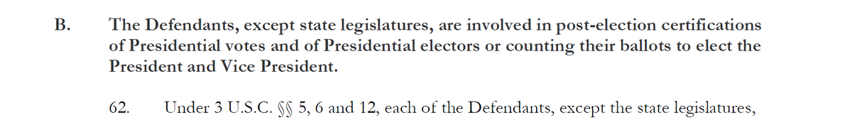 The theory of the suit is becoming more clear, however. For a beer-goggles definition of "clear' anyway. They're suing the Defendants "except state legislatures" because  #reasons and they're suing the state legislators to get them to appoint electors who can't vote this year.