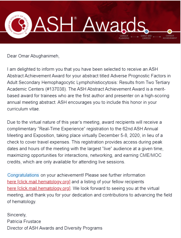 Omar Abu Ghanimeh (@omarabughanimeh) on Twitter photo I just realized that I received "ASH abstract achievement award". Yes! it is 3 weeks after the #ASH20 and thanks for my email that sorted the email as a "junk" 😂.
Thanks for my co-fellow <a href="/AymanQasrawi/">Ayman Qasrawi</a> and for my mentors <a href="/UNMCHemeOnc/">UNMC Heme Onc</a> @Dr_MBaljevic <a href="/drghildebrandt/">Gerhard Hildebrandt</a> <a href="/DrJulieVose/">Julie Vose</a> I just realized that I received "ASH abstract achievement award". Yes! it is 3 weeks after the #ASH20 and thanks for my email that sorted the email as a "junk" 😂.
Thanks for my co-fellow <a href="/AymanQasrawi/">Ayman Qasrawi</a> and for my mentors <a href="/UNMCHemeOnc/">UNMC Heme Onc</a> @Dr_MBaljevic <a href="/drghildebrandt/">Gerhard Hildebrandt</a> <a href="/DrJulieVose/">Julie Vose</a>