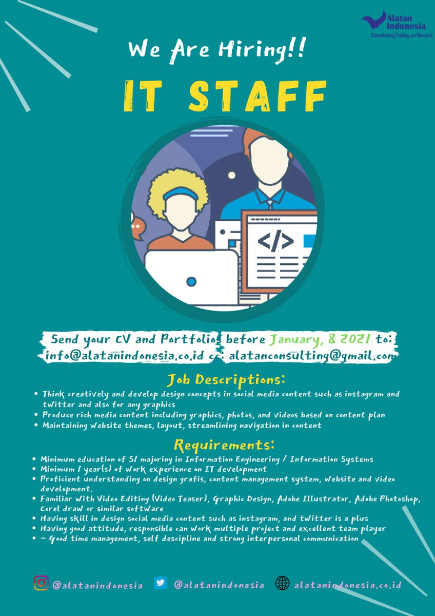 alatanindonesia's tweet photo. Hii kak, kami lg butuh #staffIT nih, minta bantuannya utk share yaa, lokasi jakarta pusat kak, bs email ke info@alatanindonesia.co.id cc: alatanconsulting@gmail.com, before Jan 08, 202
#wearehiring
#lokerjakarta
#lokerupdate
#lokercot
@ezash
@hrdbacot
@ID_loker
@jktkerja https://t.co/wX79dKItld