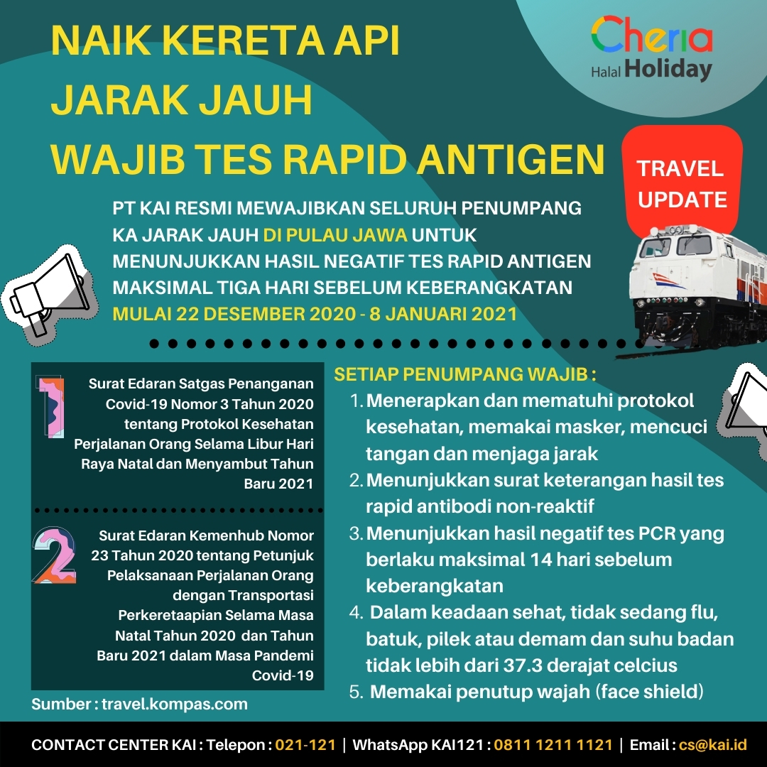cheriaholiday's tweet photo. NAIK KERETA API JARAK JAUH WAJIB TES RAPID ANTIGEN

#wisatahalal #cheriaholiday #tourhalal #travelhalal 
#travel #traveling #cheriatravel #keretaapi #liburan #naikkeretaapi #pulangkampung #indonesia #mudik #ptkai #jalanjalan #liburanseru https://t.co/r2FLaO0k4Z