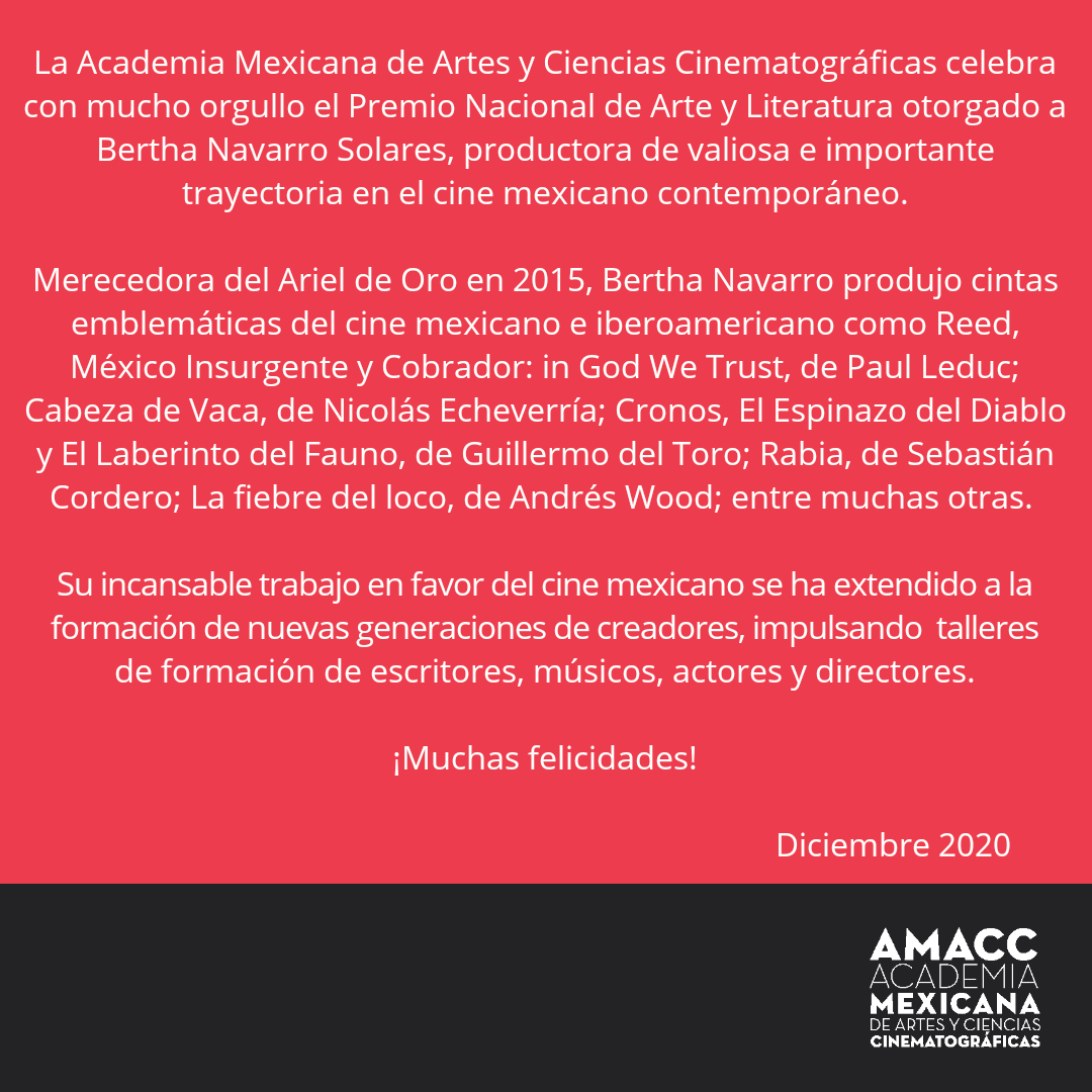 AcademiaCineMx's tweet photo. Enhorabuena a nuestra querida Bertha Navarro, Ariel de Oro 2015, quien ha sido reconocida con el Premio Nacional de Arte y Literatura 2020 por su trayectoria cinematográfica y compromiso con la cultura en México. https://t.co/oSz4MuBok3