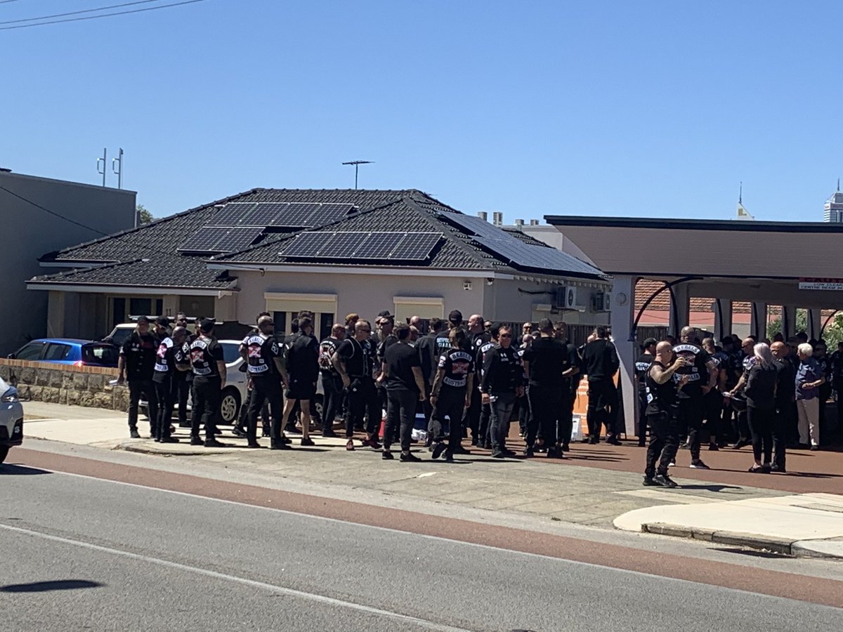 More than 100 Rebels outside Purslowe Chipper Funerals for #bikiefuneral right now

Genuinely thought this would look like a Saturday arvo at Scarborough Beach... WRONG. Never seen anything like this

200+ cops expected to escort them to cemetery soon

<a href="/westaustralian/">The West Australian</a> #perthnews